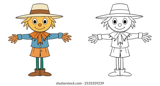 Livro De Coloração De Espantalho Para Crianças. Desenho de Ilustração de Vetor Imprimível de Página de Cor de Halloween