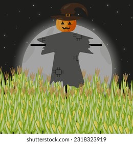 Scarecrow in the Corn Field against nighty sky with big moon. Horror Vector Art. Bogeyman with Pumpkin Head. 