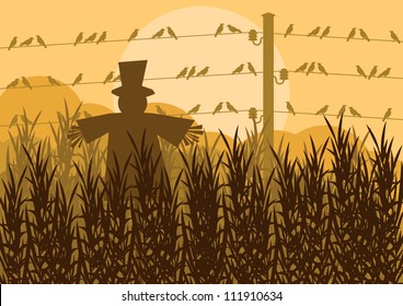 Scarecrow in corn field autumn countryside landscape background illustration