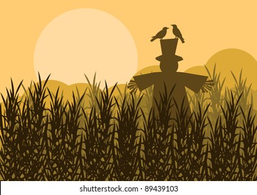 Scarecrow in corn field autumn countryside landscape background illustration