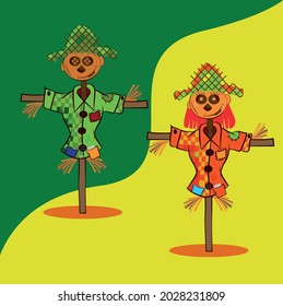 Scarecrow couple with hat and plaid shirt, green and yellow background