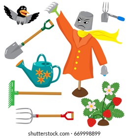 A scarecrow, a crow and a garden set