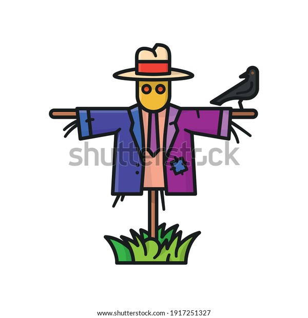 Scarecrow with crow on arm isolated\
vector illustration for Build A Scarecrow Day on July\
5th.
