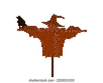 Scarecrow with crow in pixel art style isolated on white background. Halloween scarecrow in 8-bit 90s video game style in 2D.  Design for applications, banners and posters. Vector illustration