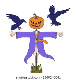 Scarecrow with crows. Scary character with pumpkin head in dirty dress at garden. Farming and agriculture. Seasonal crop protection. Linear vector illustration isolated on white background