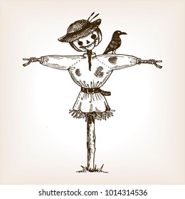 Scarecrow doll engraving vector illustration. Brown aged background. Scratch board style imitation. Hand drawn image.