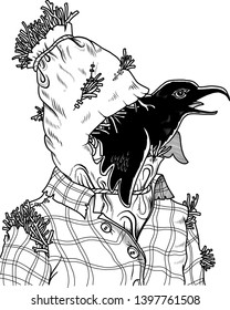 Scarecrow face with a crow in its mouth. Vector illustration