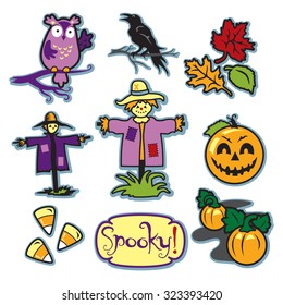 Scarecrow fall illustration set with pumpkin patch and crow