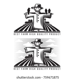 Scarecrow with farm and field, farm label in vintage style
