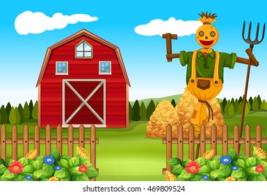 Scarecrow in the farmyard illustration