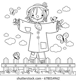 Scarecrow in the field behind a wooden fence. Vector black and white coloring page.