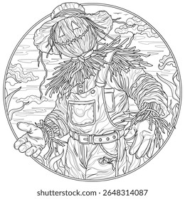 Scarecrow in the field with corn in a round frame.Coloring book antistress for children and adults. Illustration isolated on white background.Zen-tangle style. Hand draw