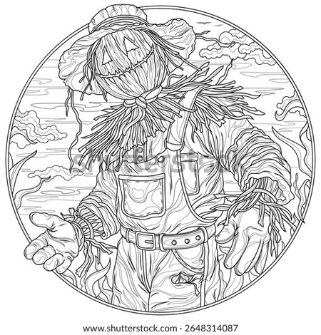 Scarecrow in the field with corn in a round frame.Coloring book antistress for children and adults. Illustration isolated on white background.Zen-tangle style. Hand draw