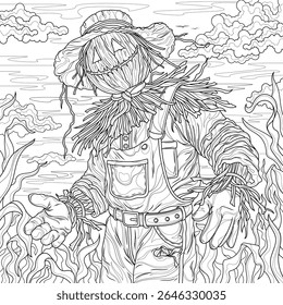 Scarecrow in the field with corn.Coloring book antistress for children and adults. Illustration isolated on white background.Zen-tangle style. Hand draw