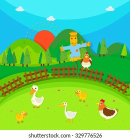 Scarecrow in the field full of ducks and chicken illustration