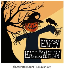 Scarecrow in the field. A halloween Scarecrow with a Jack O Lantern head. Happy halloween. Vector illustration on white background. Funny pumpkin. For postcards, posters, stickers and professional