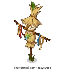 Scarecrow with flowers and a hat of straw. Vector illustration.