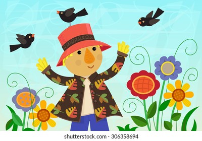 Scarecrow and Friends - Cute scarecrow is standing around colorful flowers with small birds all around him. Eps10