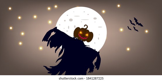 scarecrow in full moon with bat background, Halloween background and poster banner, etc