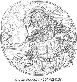 Scarecrow and full moon in a round frame.Coloring book antistress for children and adults. Illustration isolated on white background.Zen-tangle style. Hand draw