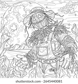 Scarecrow and full moon.Coloring book antistress for children and adults. Illustration isolated on white background.Zen-tangle style. Hand draw