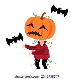 Scarecrow ghost with pumpkin head . Cute halloween cartoon characters . Vector .