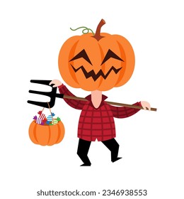 Scarecrow ghost with pumpkin head . Cute halloween cartoon characters . Vector .