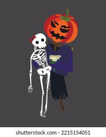 Scarecrow gives a bouquet to a skeleton