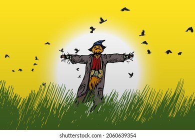 A scarecrow in a grassy field keeping the crows away for Halloween concept. Hand drawn vector illustration.