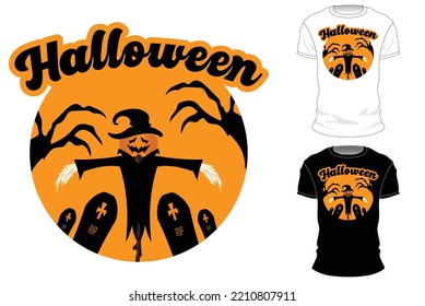 scarecrow with graves halloween white and black t-shirt design illustration