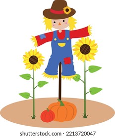 Scarecrow guarding sunflowers and pumpkins, vector illustration.