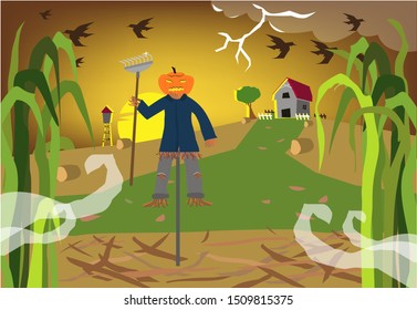 A scarecrow guards a haunted farm. Editable Clip art.