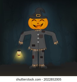 Scarecrow in Halloween night cartoon illustration