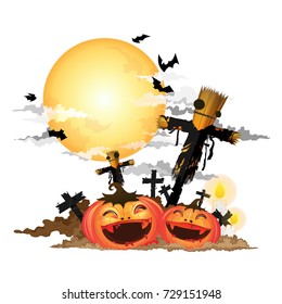 scarecrow with Halloween pumpkin and bat