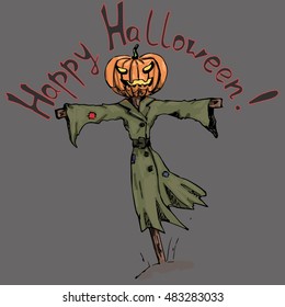 Scarecrow at Halloween. Scarecrow and pumpkin. Vector illustration