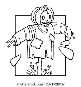 Scarecrow hand-drawn vector outline illustration. Doodle style. For the Coloring book, Halloween design greeting card