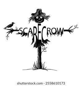 Scarecrow in a hat with a bird on his arm. The scarecrow's inscription is written on the torso in the form of rags of his clothes. Stock vector illustration in black and white 