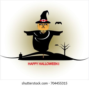 Scarecrow in the hat at the cemetery on Halloween