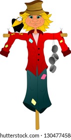 Scarecrow in a hat with a crow on his shoulder
