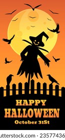 Scarecrow in a hat with flying crows. Halloween background
