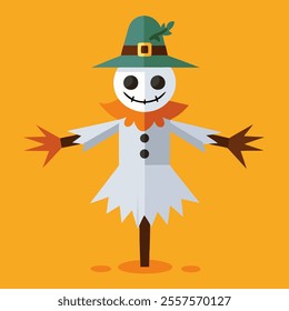 Scarecrow with hat and green hat on orange background