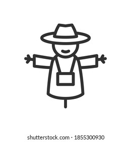 Scarecrow in a hat holding a sign for agriculture, linear icon. Editable stroke