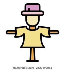 Scarecrow in a hat icon. Outline scarecrow in a hat vector icon color flat isolated