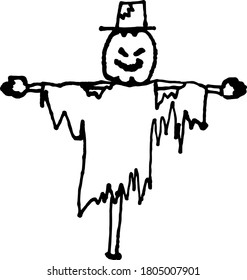 Scarecrow in a hat on a stick. An old scary scarecrow.