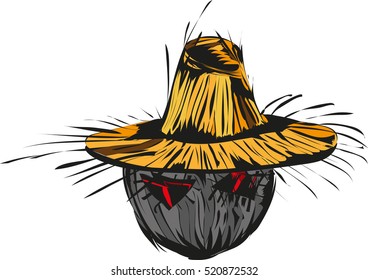 Scarecrow head in a straw hat. Hand-drawn image on white background
