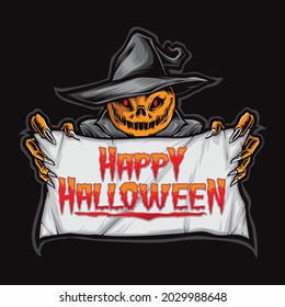 scarecrow holding halloween banner vector