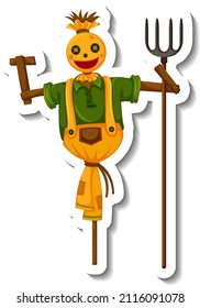 Scarecrow holding rake in cartoon style illustration