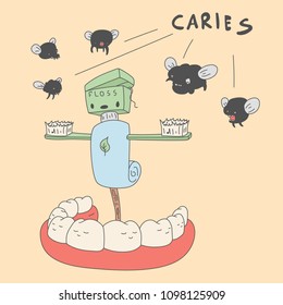 scarecrow from hygiene products protects teeth from caries. Vector illustration for children dentistry and orthodontics. Cute teeth characters.