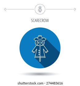 Scarecrow icon. Human silhouette with pumpkin head sign symbol. Blue flat circle button. Linear icon with shadow. Vector