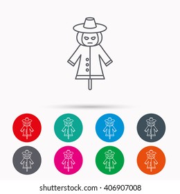 Scarecrow icon. Human silhouette with pumpkin head sign symbol. Linear icons in circles on white background.